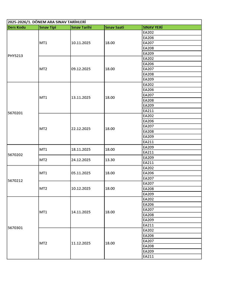 2025-2026 Midterm Exam Schedule | PDF