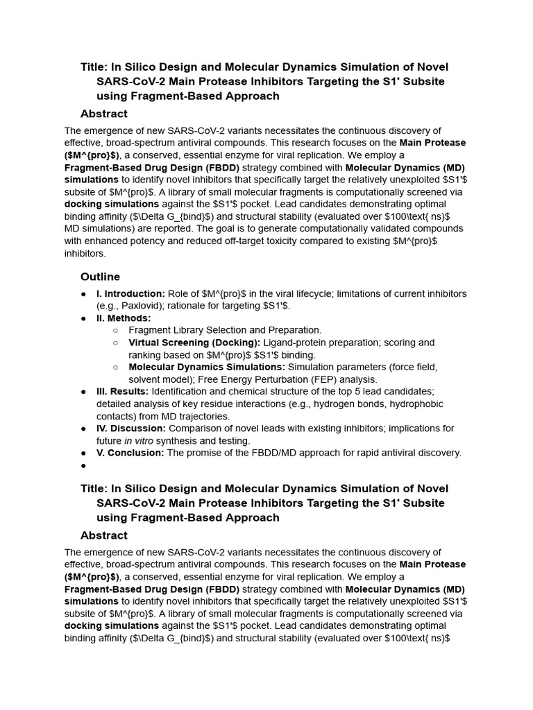 in Silico Design and Molecular Dynamics Simulation of Novel SARS | PDF ...