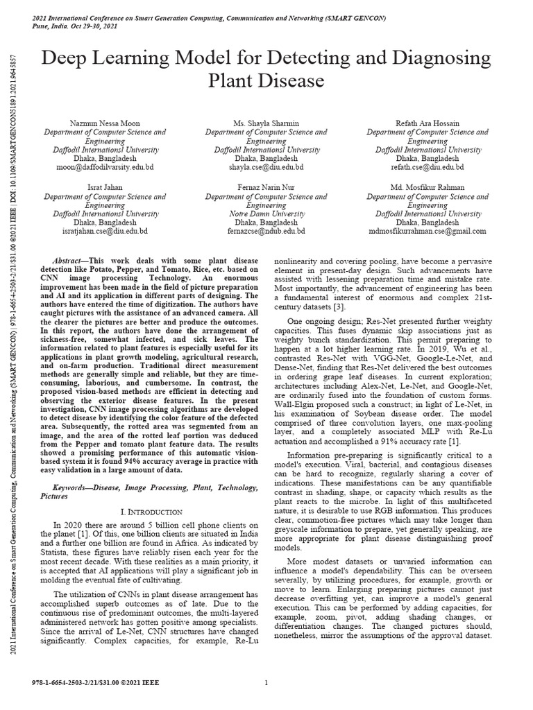 Deep Learning Model For Detecting and Diagnosing Plant Disease | PDF ...