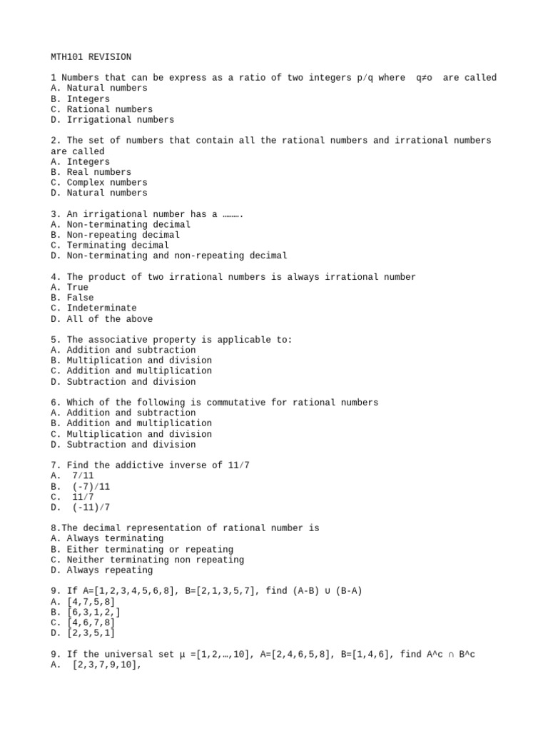 MTH101 Revision: Key Concepts & Questions | PDF | Numbers | Rational Number