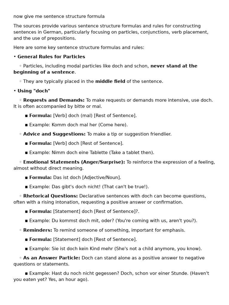 German Sentence Structure Formulas | PDF | Verb | Subject (Grammar)