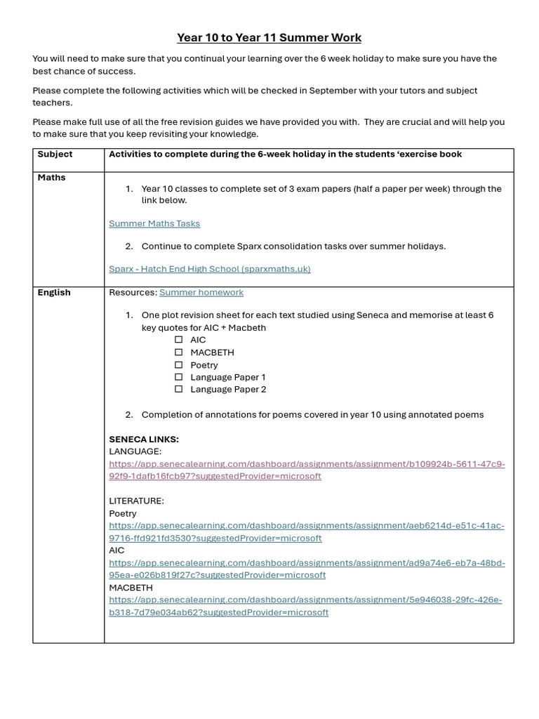 Year 10 to 11 Summer Revision Tasks | PDF | Books | Qr Code