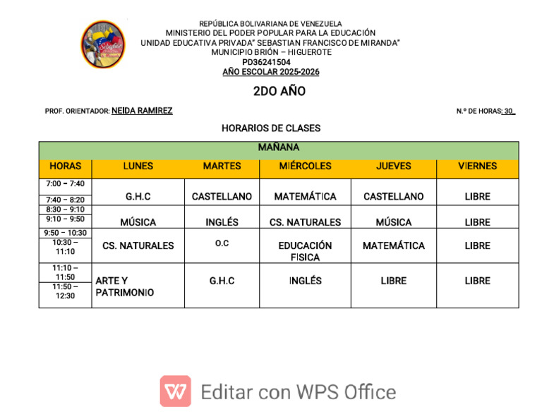 Horarios de Clases 2do Año 2025-2026 | PDF