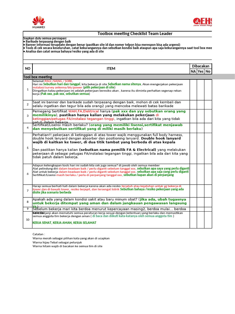 Toolbox Meeting Checklist for Team Leaders | PDF | Personal Protective ...