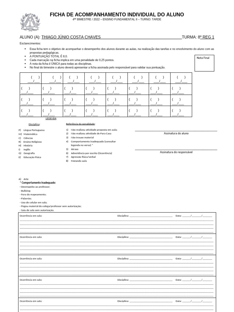 Ficha de Acompanhamento do Aluno 8º Ano | PDF