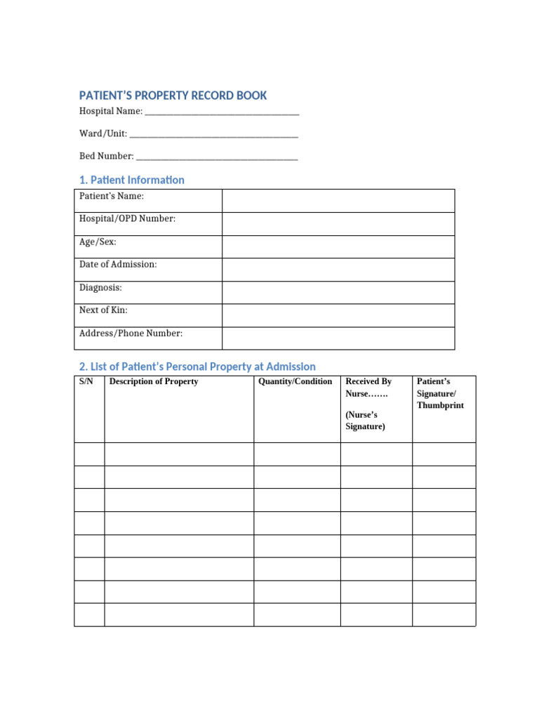 Patient Property Record Book Template | PDF