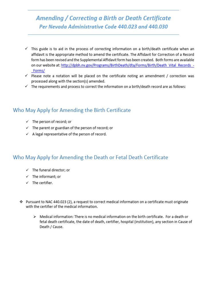 Nevada Birth/Death Certificate Amendments | PDF | Affidavit | Civil Law ...