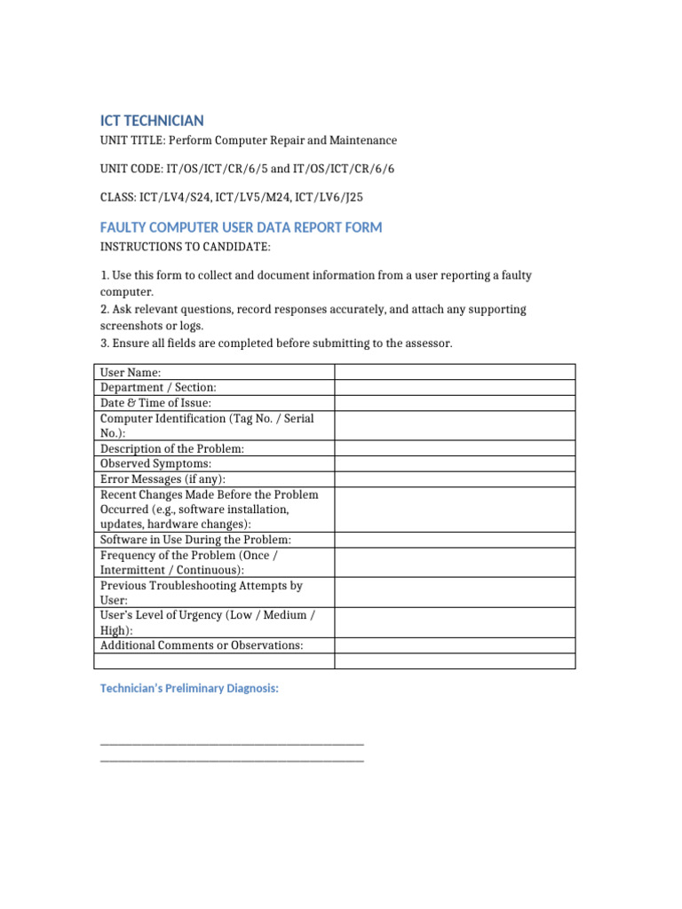 Computer Repair User Data Report Form | PDF