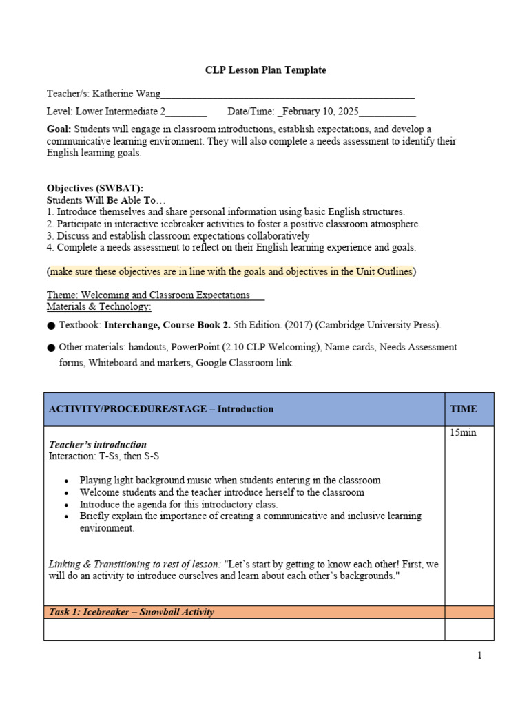 CLP Lesson Plan Template: Teacher's Introduction | PDF | Classroom ...