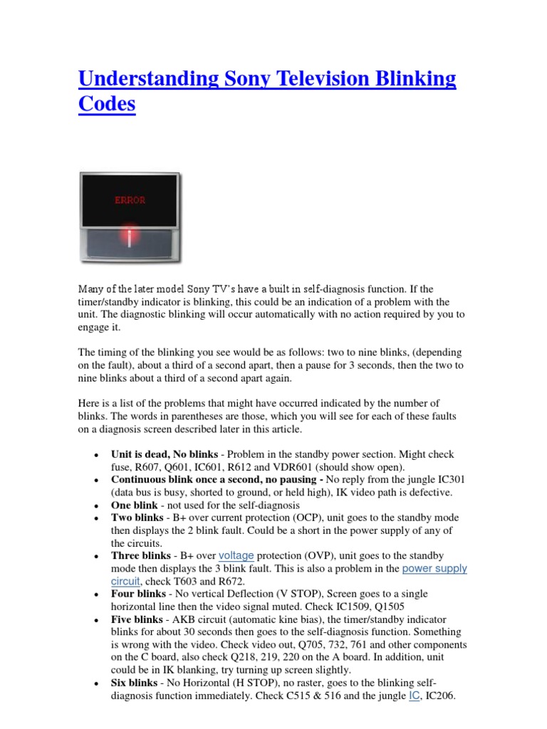 Understanding Sony Television Blinking Codes PDF Power Supply