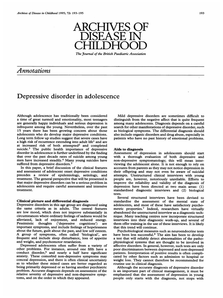 Adolescent Depression: Diagnosis & Treatment | PDF | Major Depressive ...