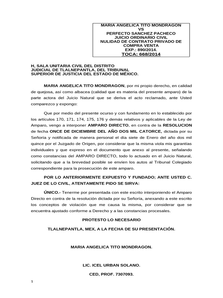 Amparo Directo en Juicio Civil 890/2014 | PDF | Caso de ley | Debido al ...