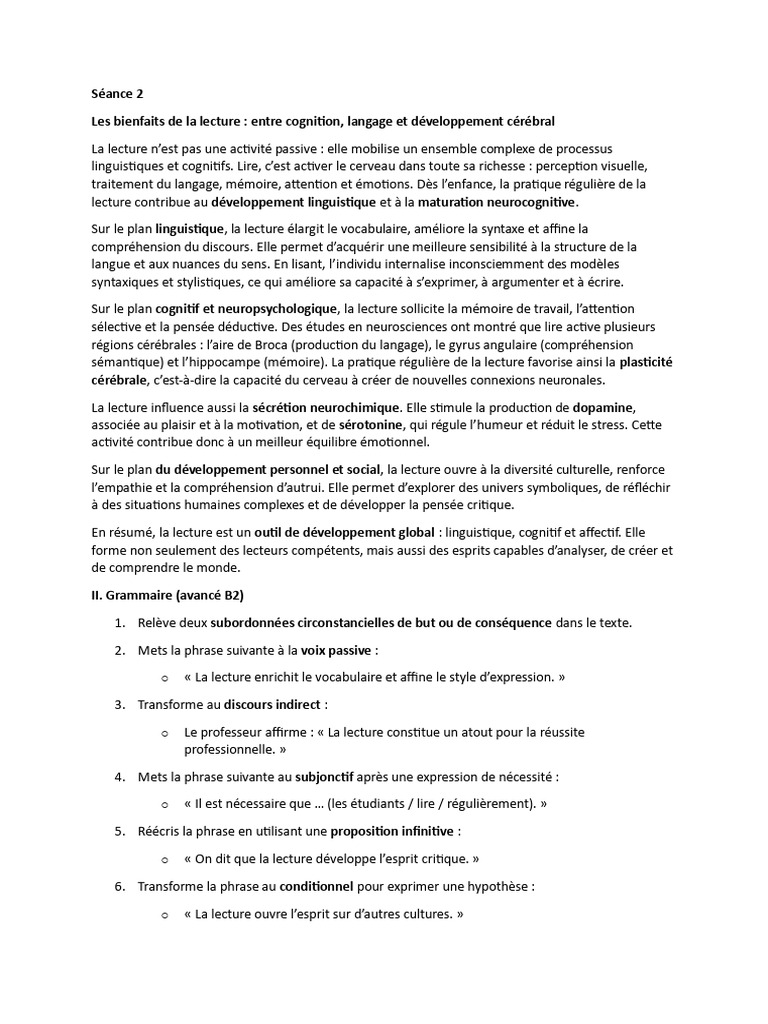 Bienfaits cognitifs et linguistiques de la lecture | PDF | Phrase | Verbe