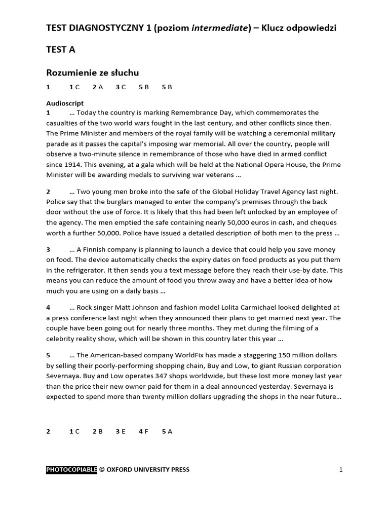 Intermediate Test Answer Key | PDF