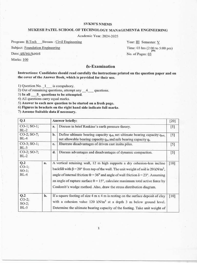Foundation Engineering Sem-V Batch 2024-25 Re Exam 1Yunbu7GLJ | PDF