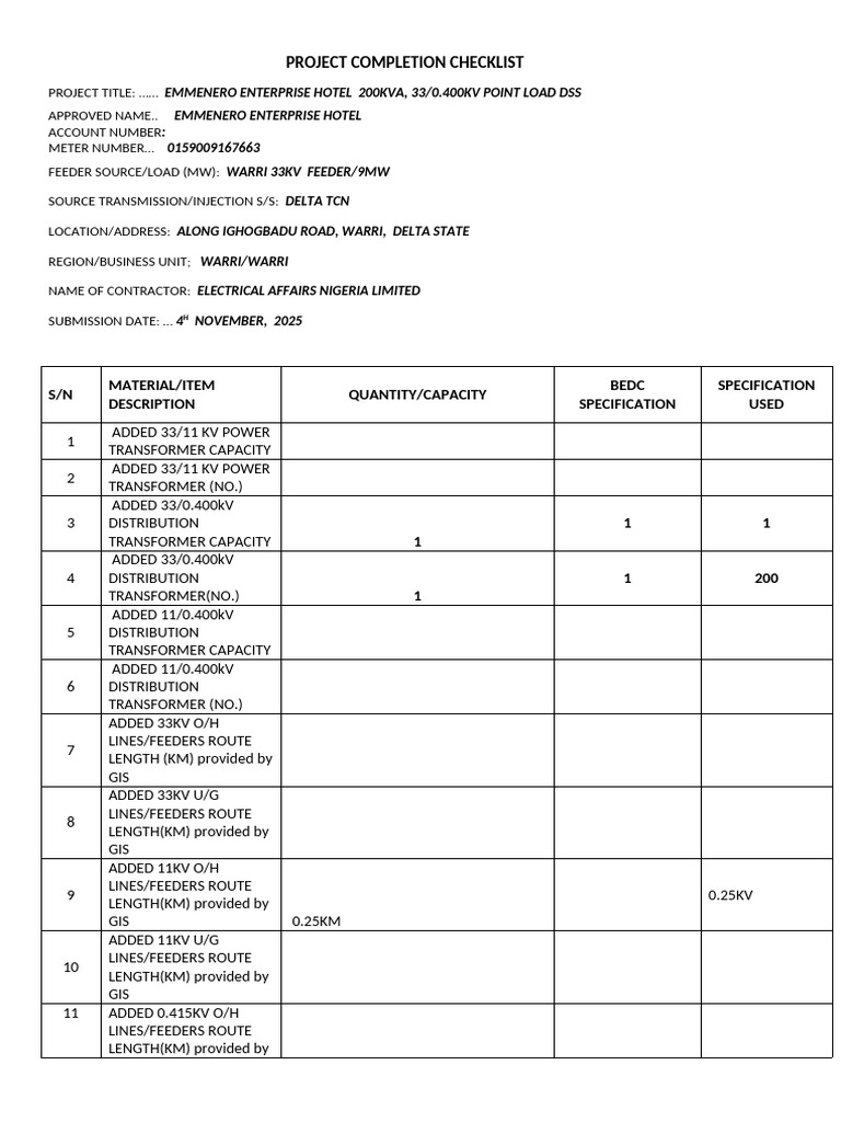 Emmenaro Hotel Project Completion Checklist | PDF | Electrical ...