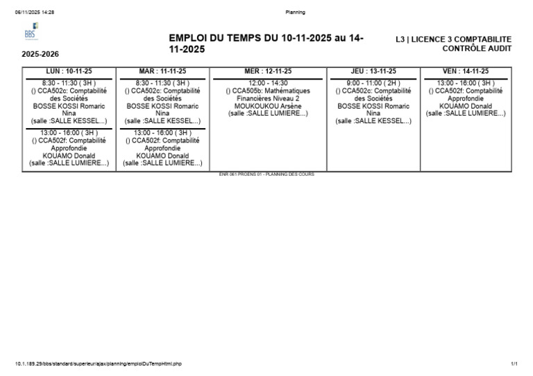 Emploi du temps L3 Comptabilité 2025-2026 | PDF