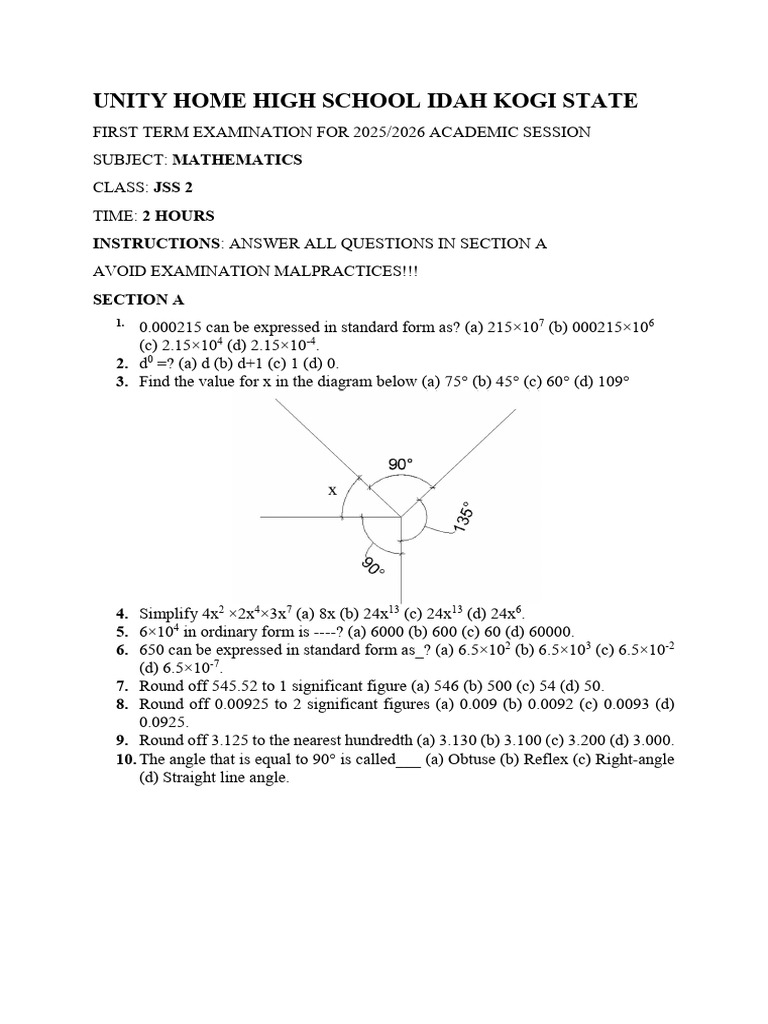JSS 2 Mathematics Exam Questions 2025 | PDF