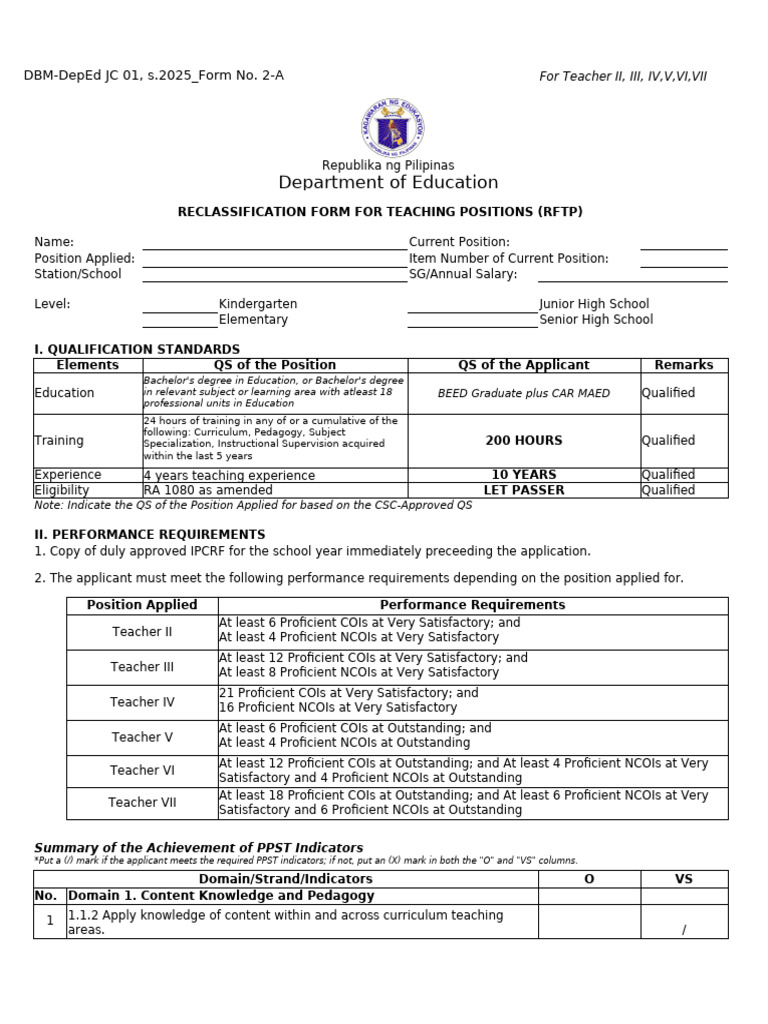 Teacher Position Reclassification Form | PDF | Educational Assessment ...