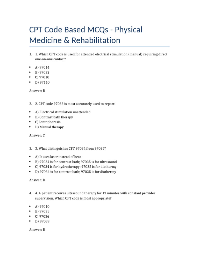 CPT Codes for Physical Rehab MCQs | PDF | Physical Therapy | Clinical ...