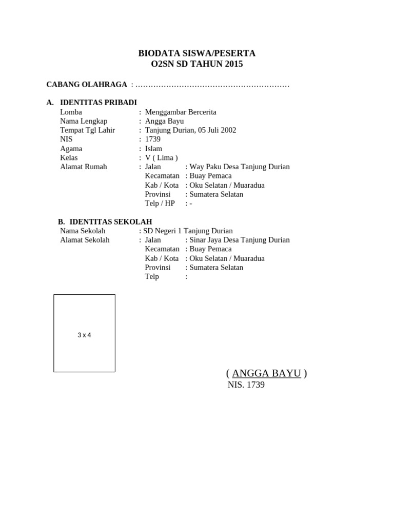 Biodata Peserta O2SN SD 2015 | PDF