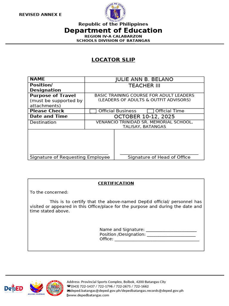 4 Locator Slip 2023 - Deped Matatag | PDF | Government | Philippines