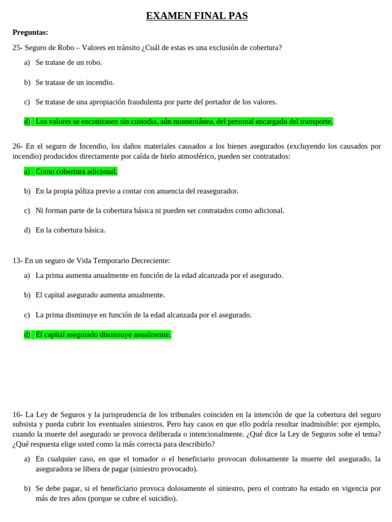 Preguntas Clave para Examen de Seguros | PDF | Póliza de seguros | Seguro