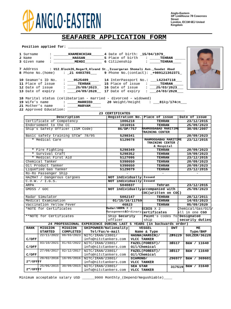 Seafarer Application Form for Anglo-Eastern | PDF | Ships | Oil Tanker