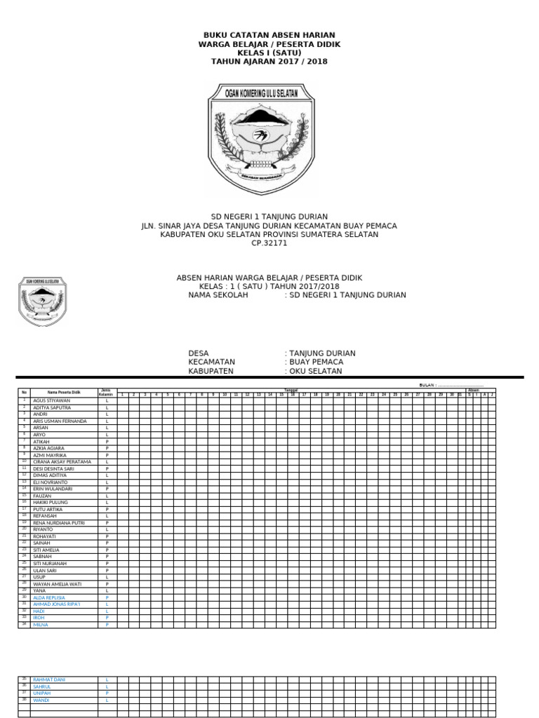 Absen Kelas 1-6 Th 2017 | PDF