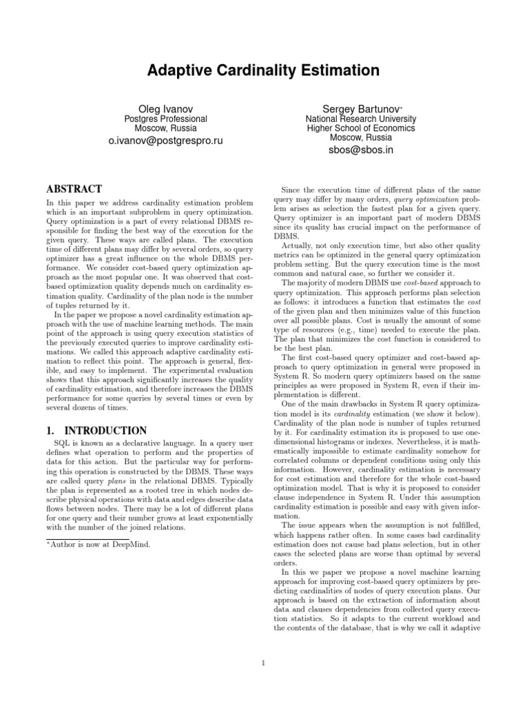 Adaptive Cardinality Estimation in DBMS | PDF | Databases | Machine ...