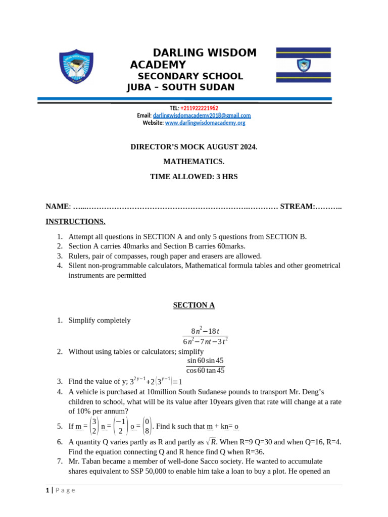 Mock Mathematics Exam August 2024 | PDF | Circle | Area