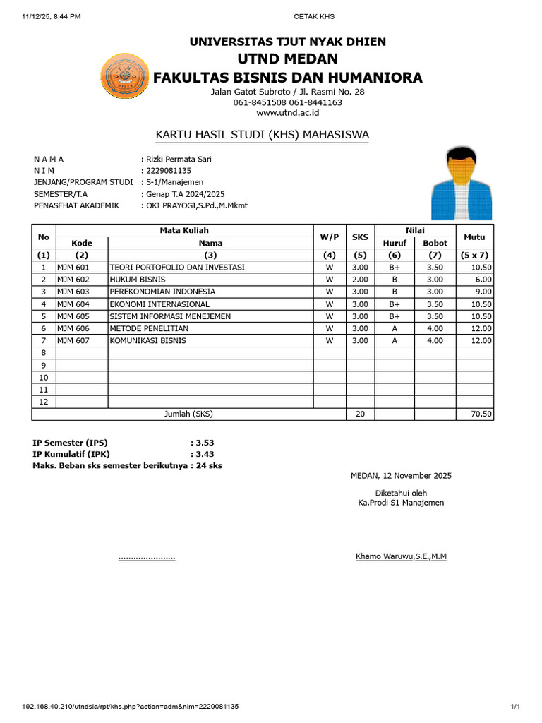 KHS Mahasiswa S1 Manajemen UTND 2025 | PDF
