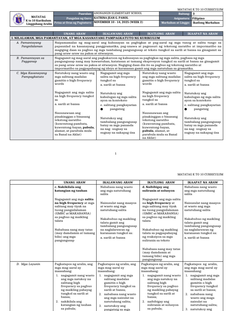 DLL Matatag - Filipino 3 - Q3 - W2 | PDF