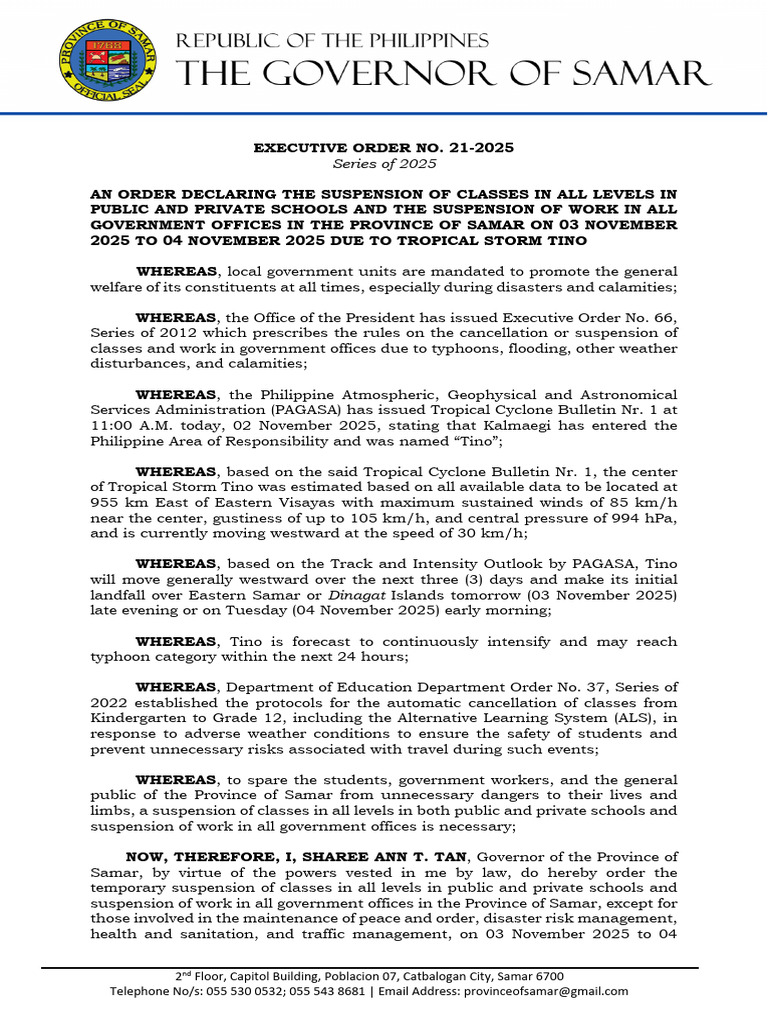 Suspension of Classes and Work in Samar | PDF | Tropical Cyclones ...