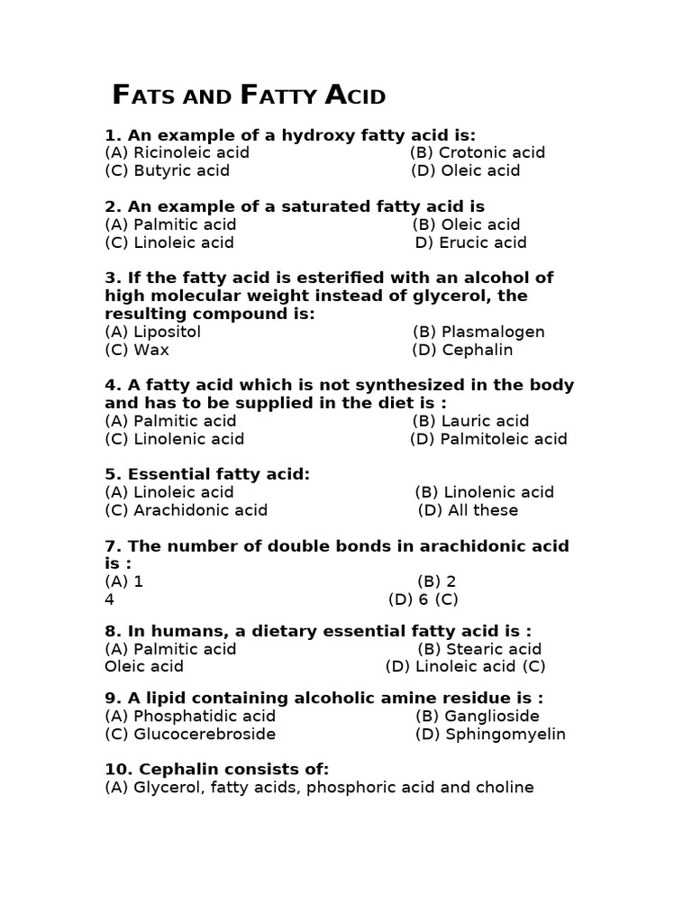 MCQs - 1 | PDF | Lipid | Fatty Acid