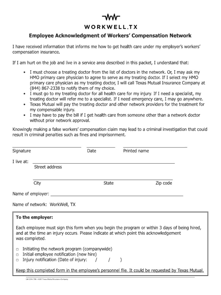 Employee Acknowledgment of Workers’ Comp 2 | PDF