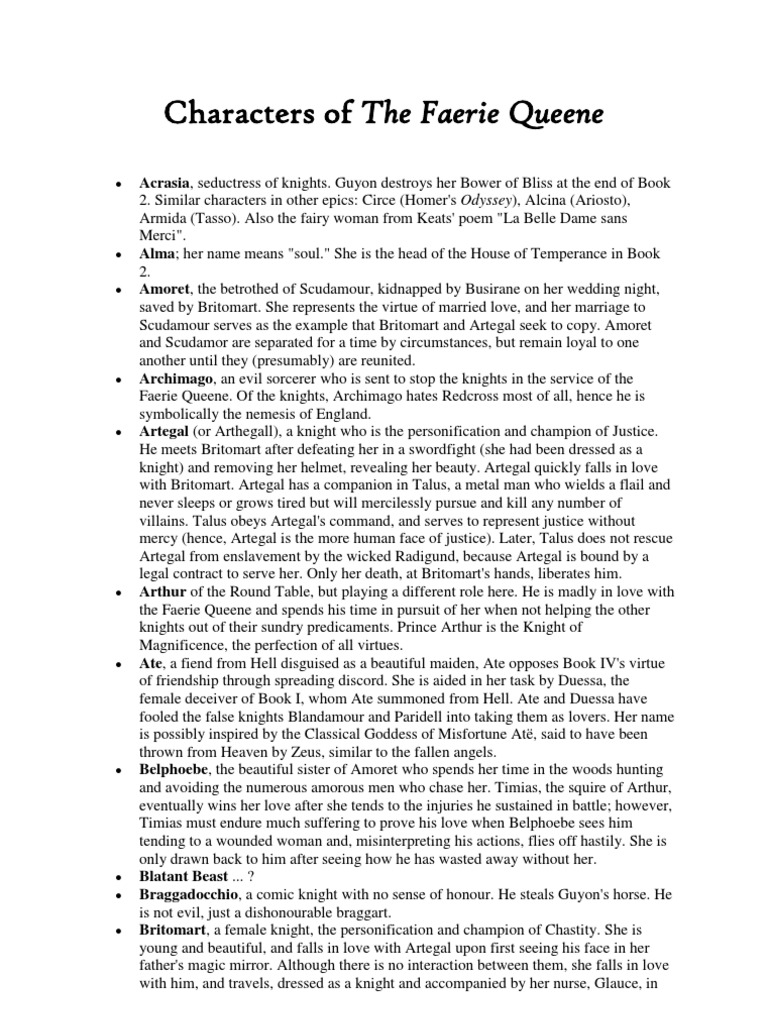 Characters of The Faerie Queene An Overview of the Major Figures in