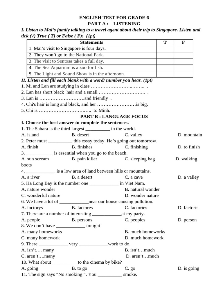 Grade 6 English Listening & Language Test | PDF
