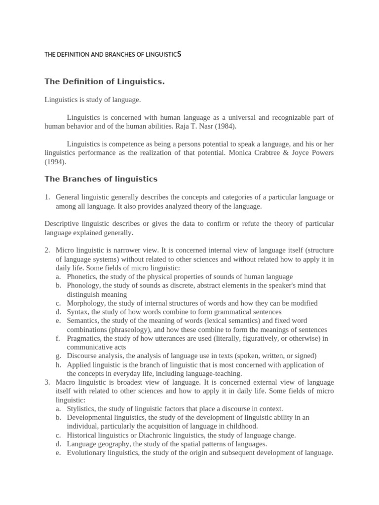 The Definition and Branches of Linguistics | PDF | Linguistics | Semantics