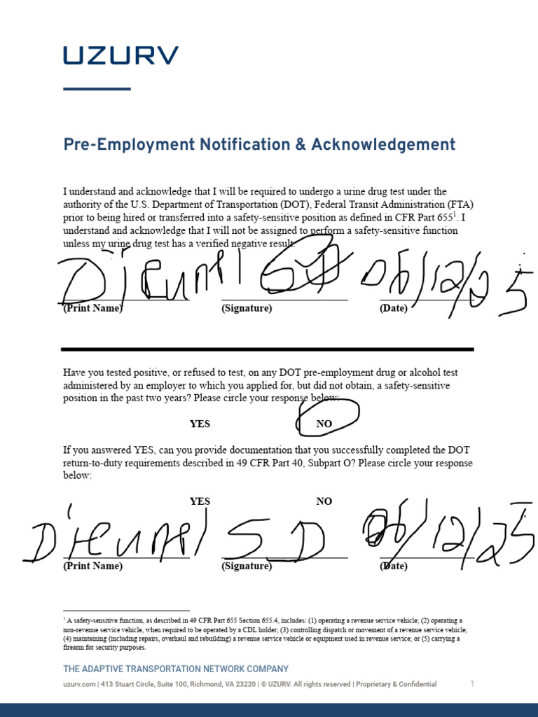 DOT Pre-Employment Drug Test Acknowledgment | PDF