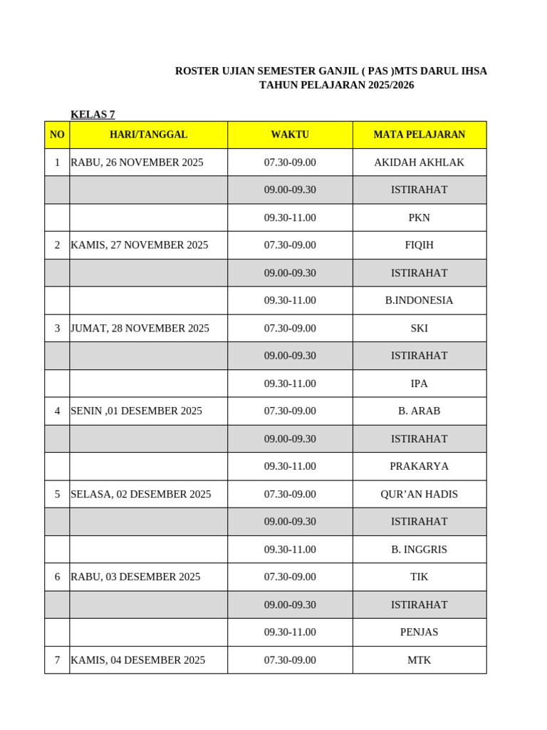 Roster Ujian Semester Ganjil MTS 2025 | PDF