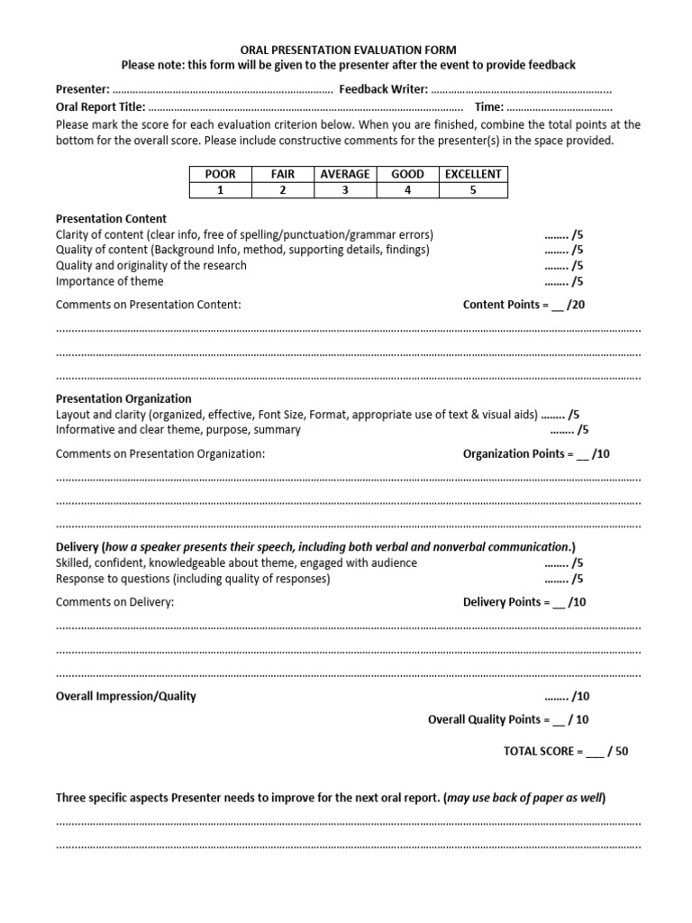 ORAL PRESENTATION EVALUATION FORM English | PDF | Cognition | Human ...