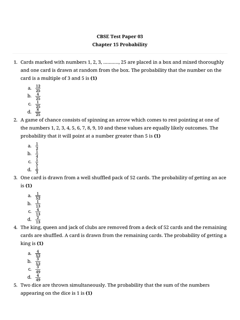 Probability Test Paper for CBSE Students | PDF | Probability
