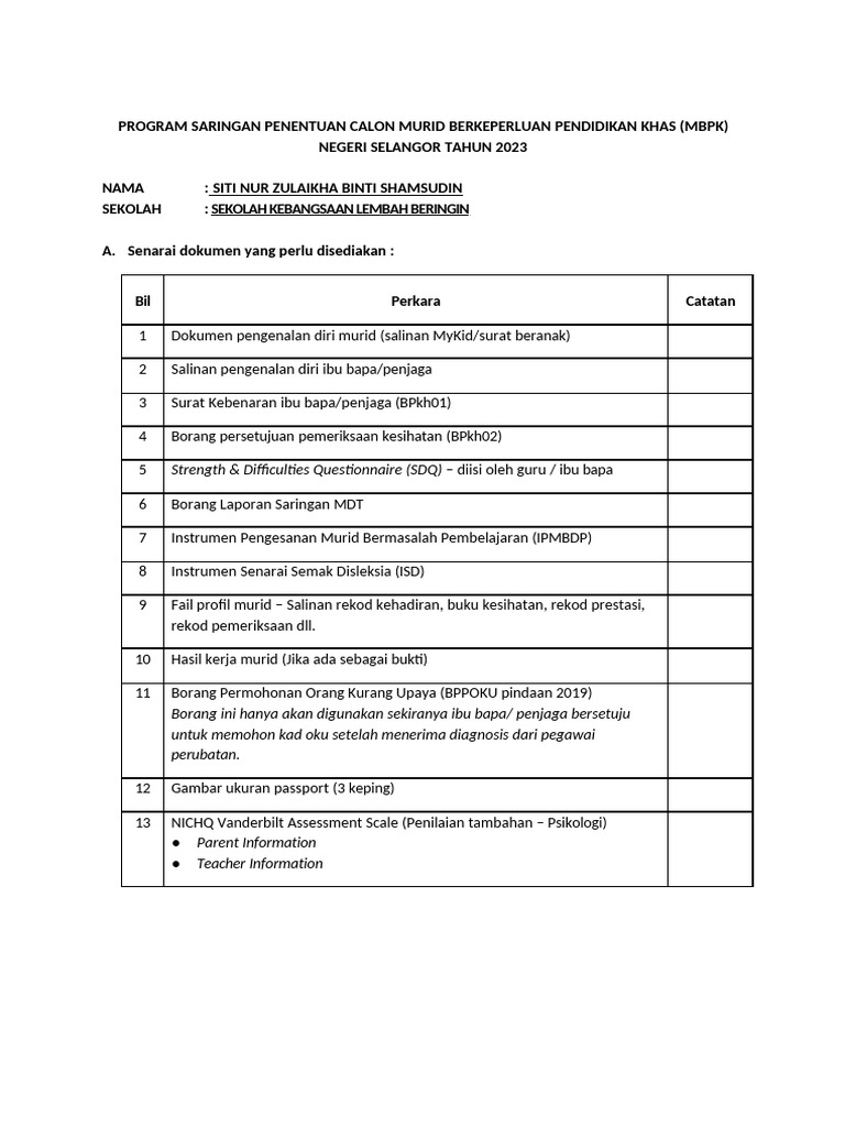 Senarai Semak Program Saringan | PDF