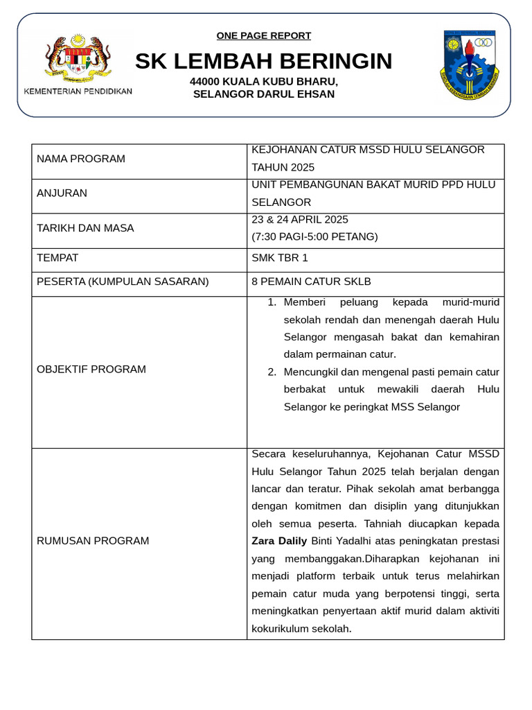 One Page Report SKLB Catur (2025) | PDF