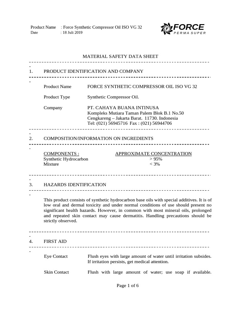 Force Synthetic Compressor Oil MSDS | PDF | Chemical Substances ...
