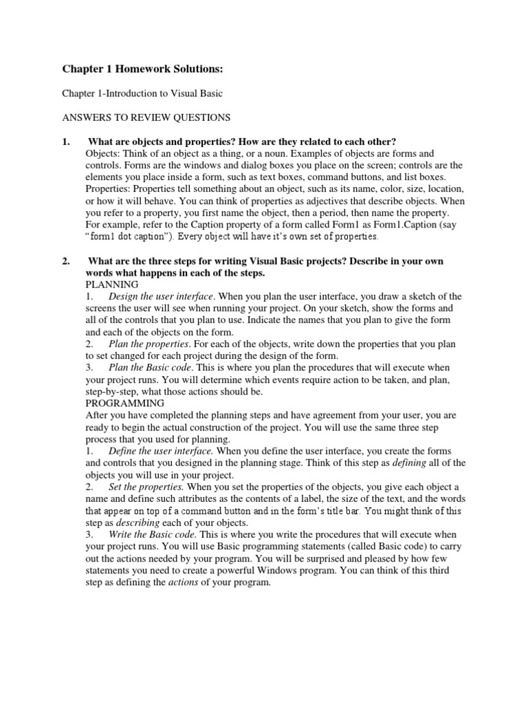 Visual Basic Chapter 1 Homework Answers | PDF | Basic | Compiler
