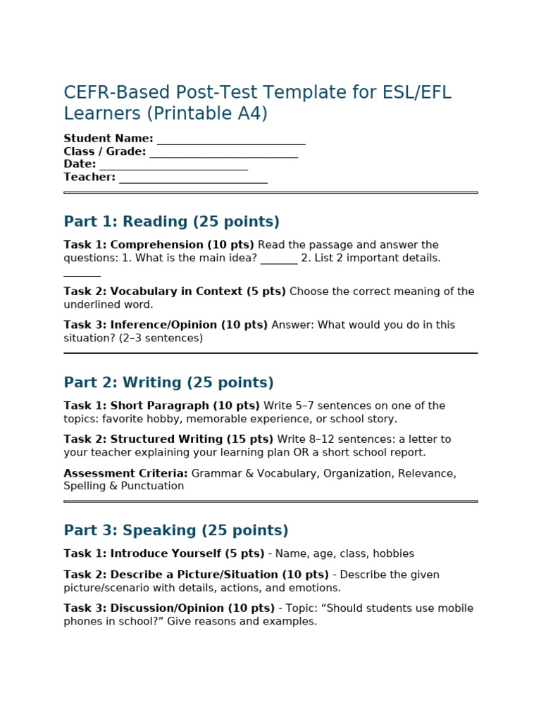 CEFR Post-Test Template for ESL Learners | PDF | Reading Comprehension ...