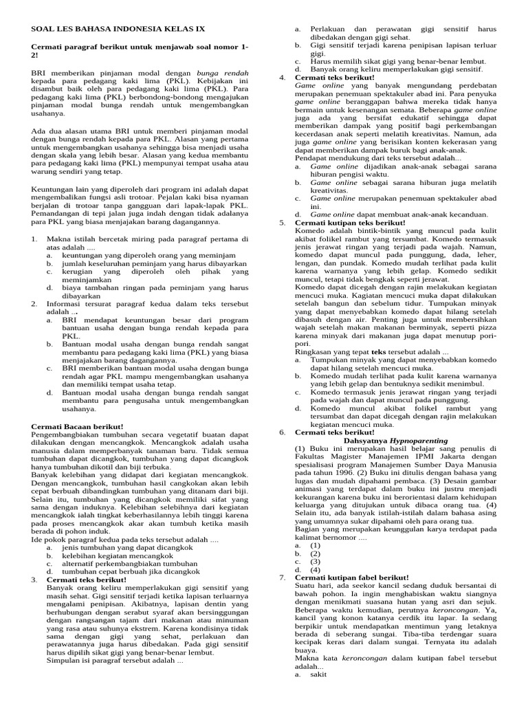 Soal Les Bahasa Indonesia Kelas Ix | PDF