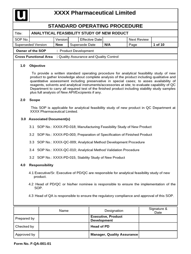 Analytical Feasibility Study SOP | PDF | Pharmaceutical Formulation ...